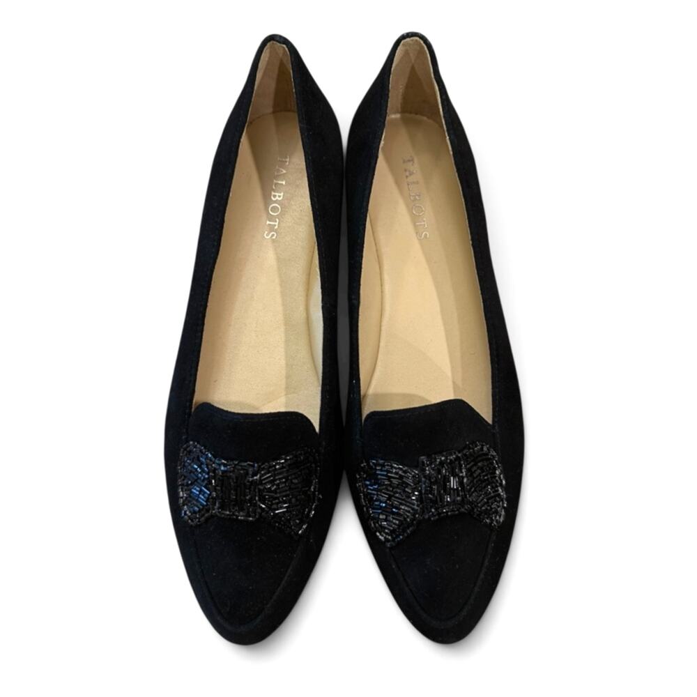 Talbots Francesca Black Suede Beaded Bow Pointed Toe Driving Loafers Flats 8M